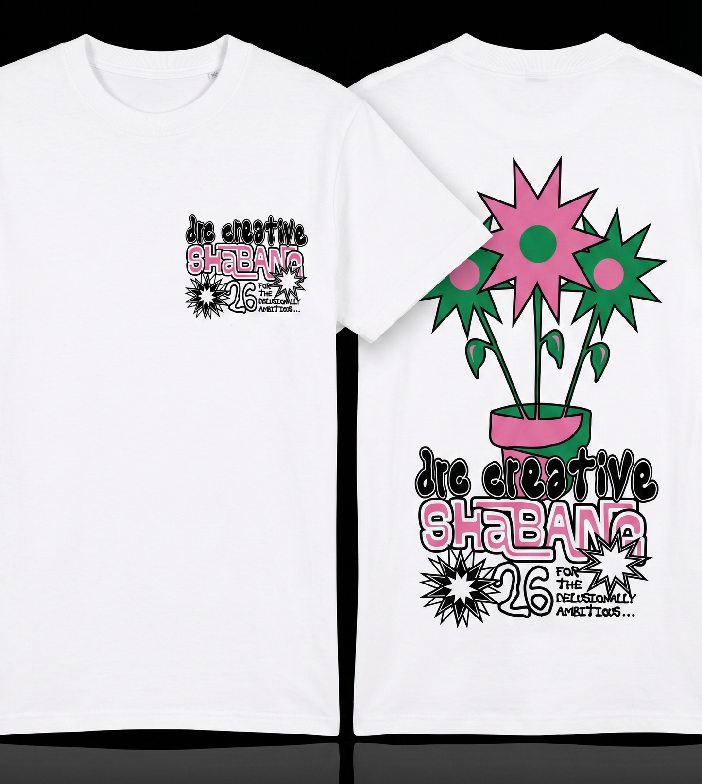 White t-shirt with colorful floral design and text on a white background
